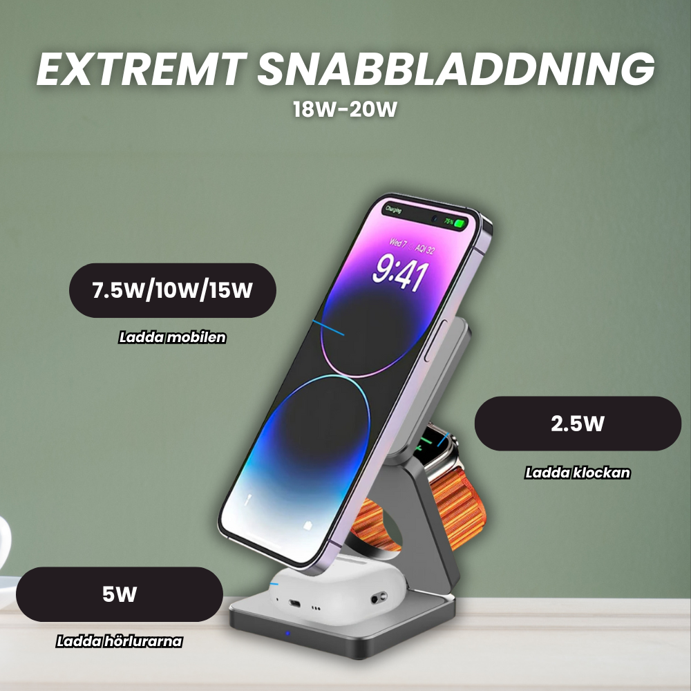 Samladd™ - Den mobila och trådlösa magnetiska fällbara laddaren för 3 enheter samtidigt
