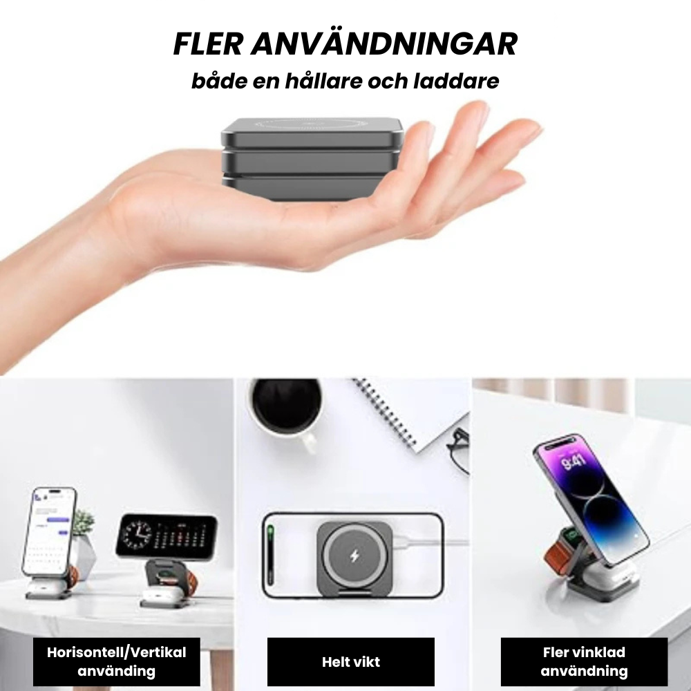 Samladd™ - Den mobila och trådlösa magnetiska fällbara laddaren för 3 enheter samtidigt